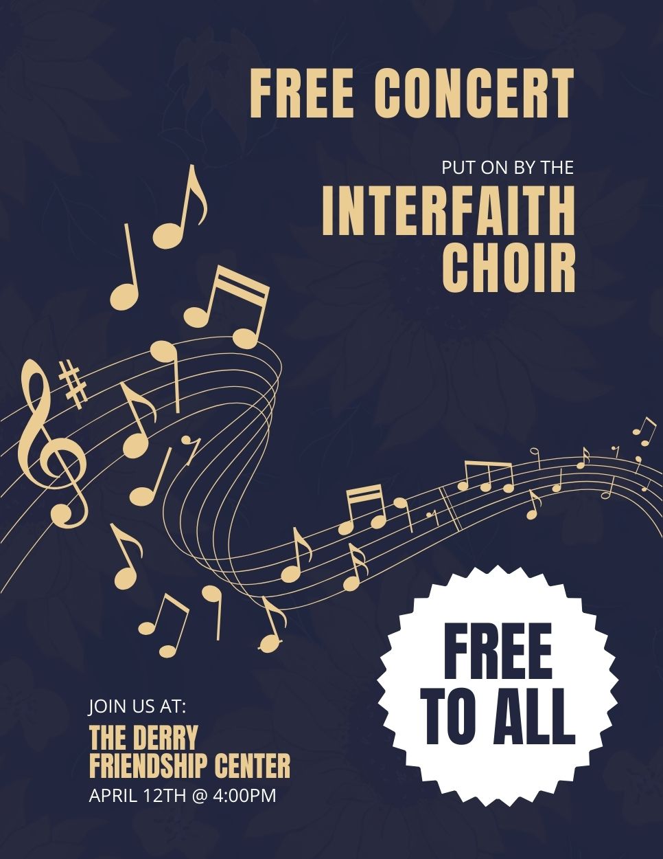 Join us at the DFC for a free concert put on by the Interfaith Choir, April 12th @4:00pm